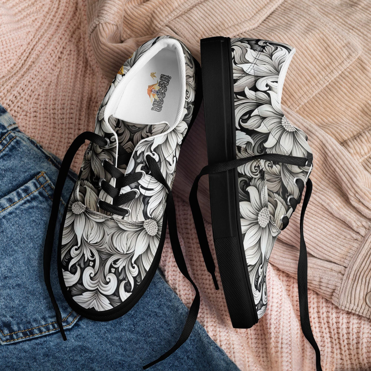 Floral Canvas Sneakers - Black and White